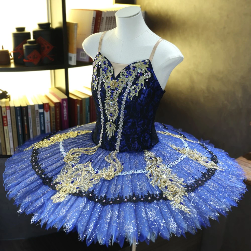 Handgefertigtes Ballett-Teller-Tutu aus k&ouml;nigsblauer Gold-Spitze