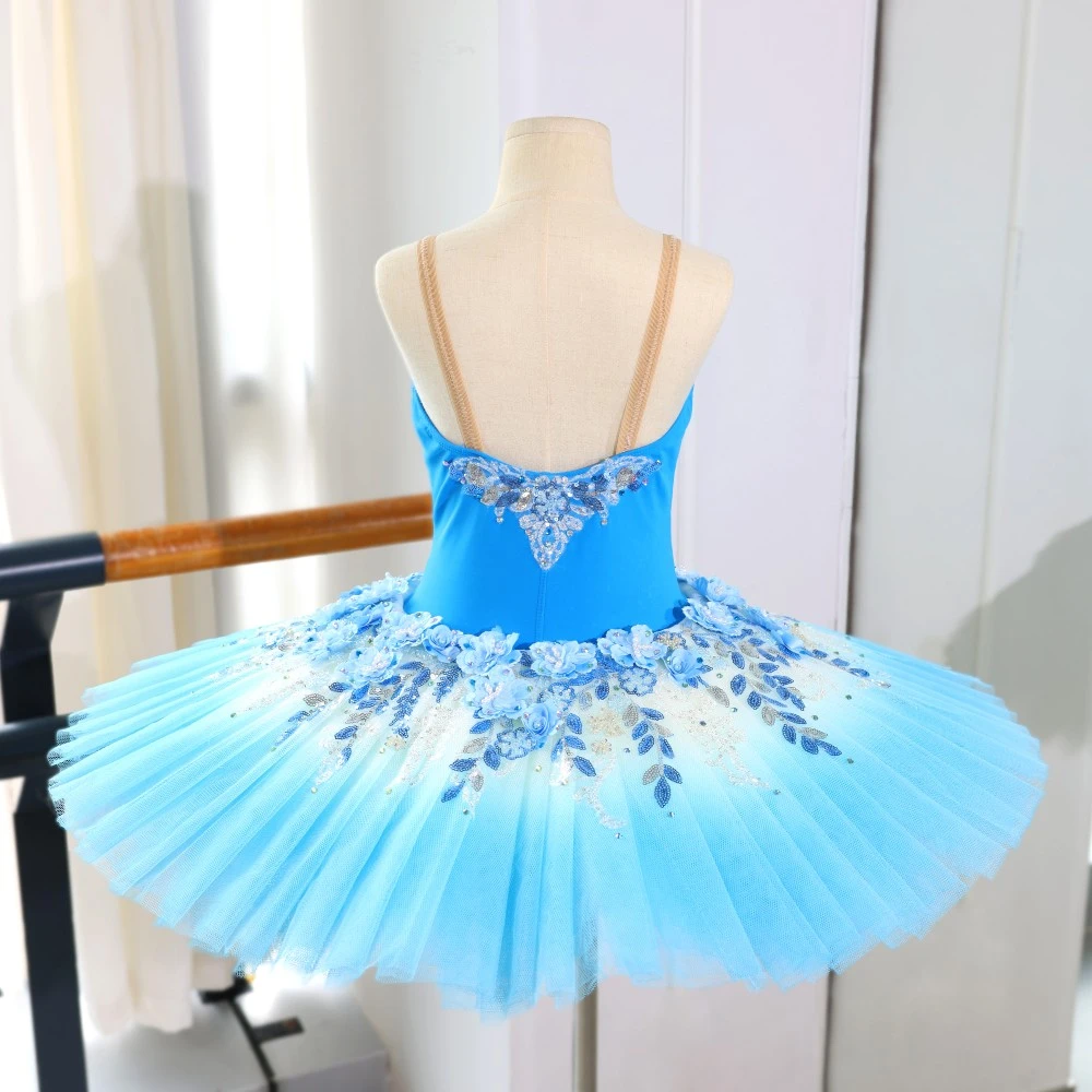Ballett-Tutu-Kleid mit blauen Blumen und Pailletten, professionelles Ballerina-Kost&uuml;m