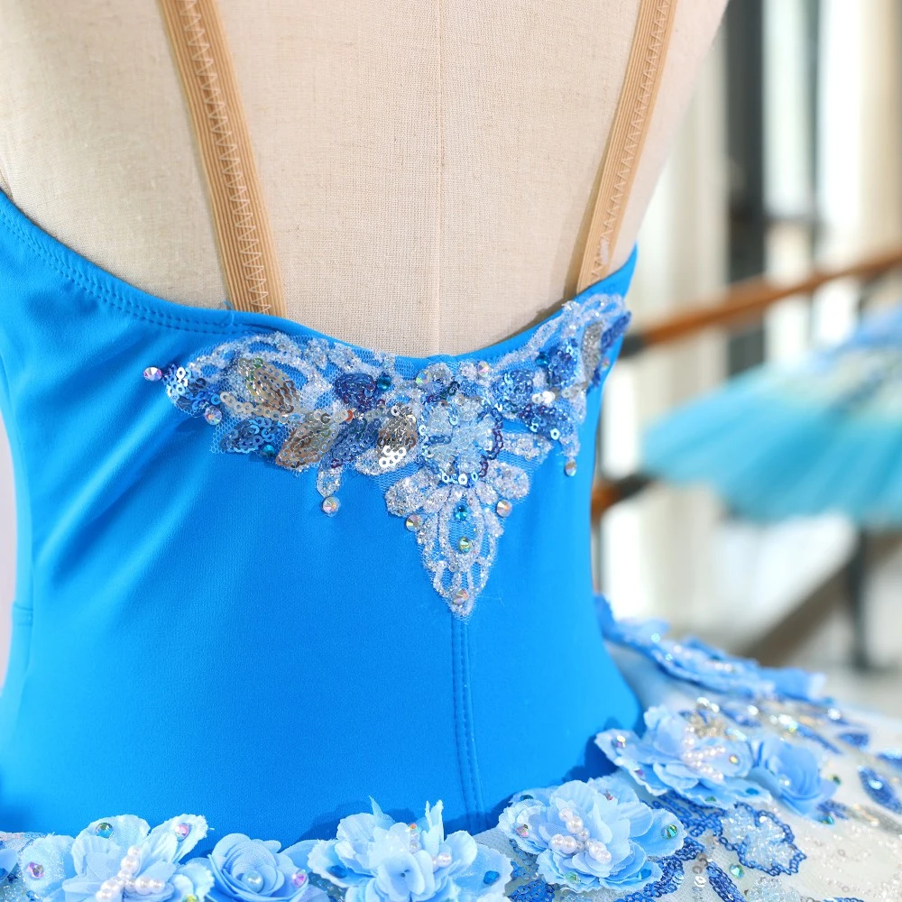 Ballett-Tutu-Kleid mit blauen Blumen und Pailletten, professionelles Ballerina-Kost&uuml;m
