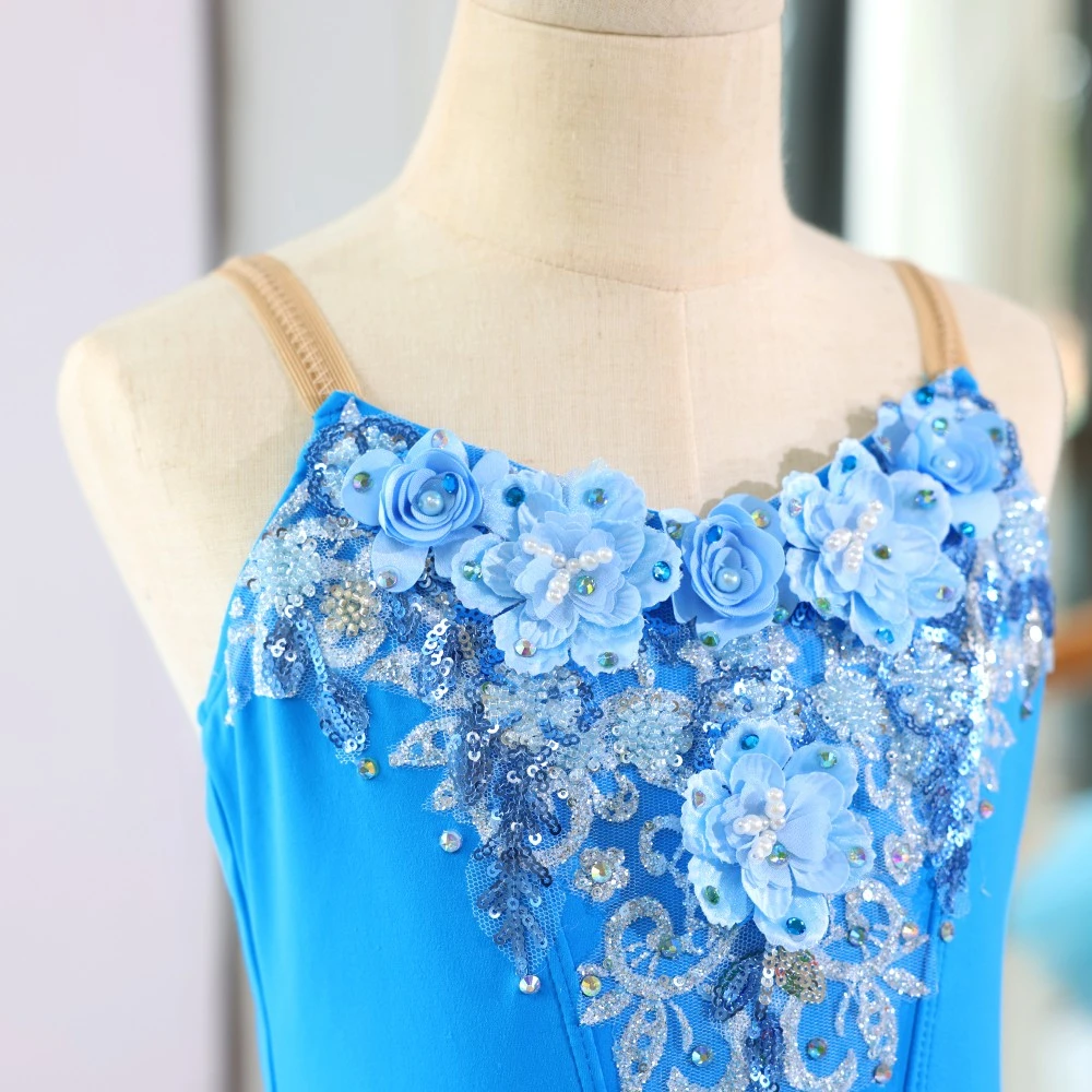 Ballett-Tutu-Kleid mit blauen Blumen und Pailletten, professionelles Ballerina-Kost&uuml;m