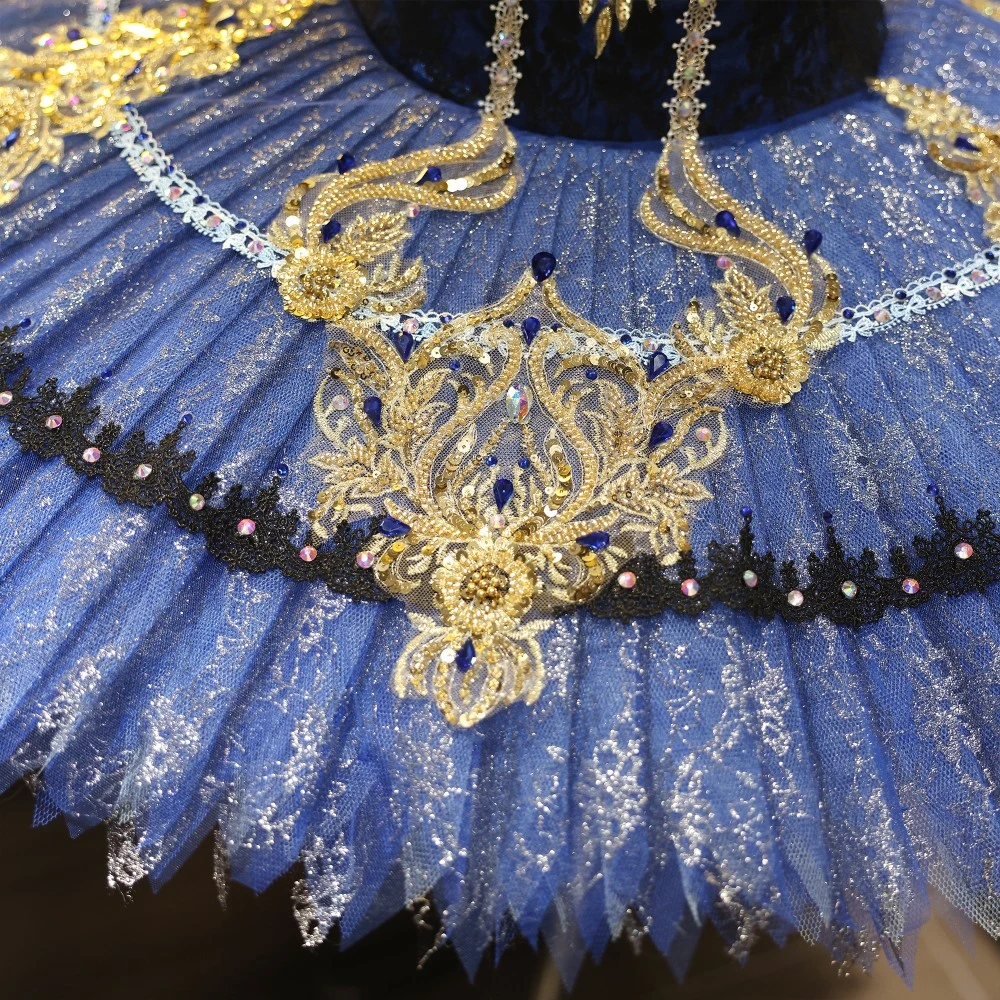Handgefertigtes Ballett-Teller-Tutu aus k&ouml;nigsblauer Gold-Spitze