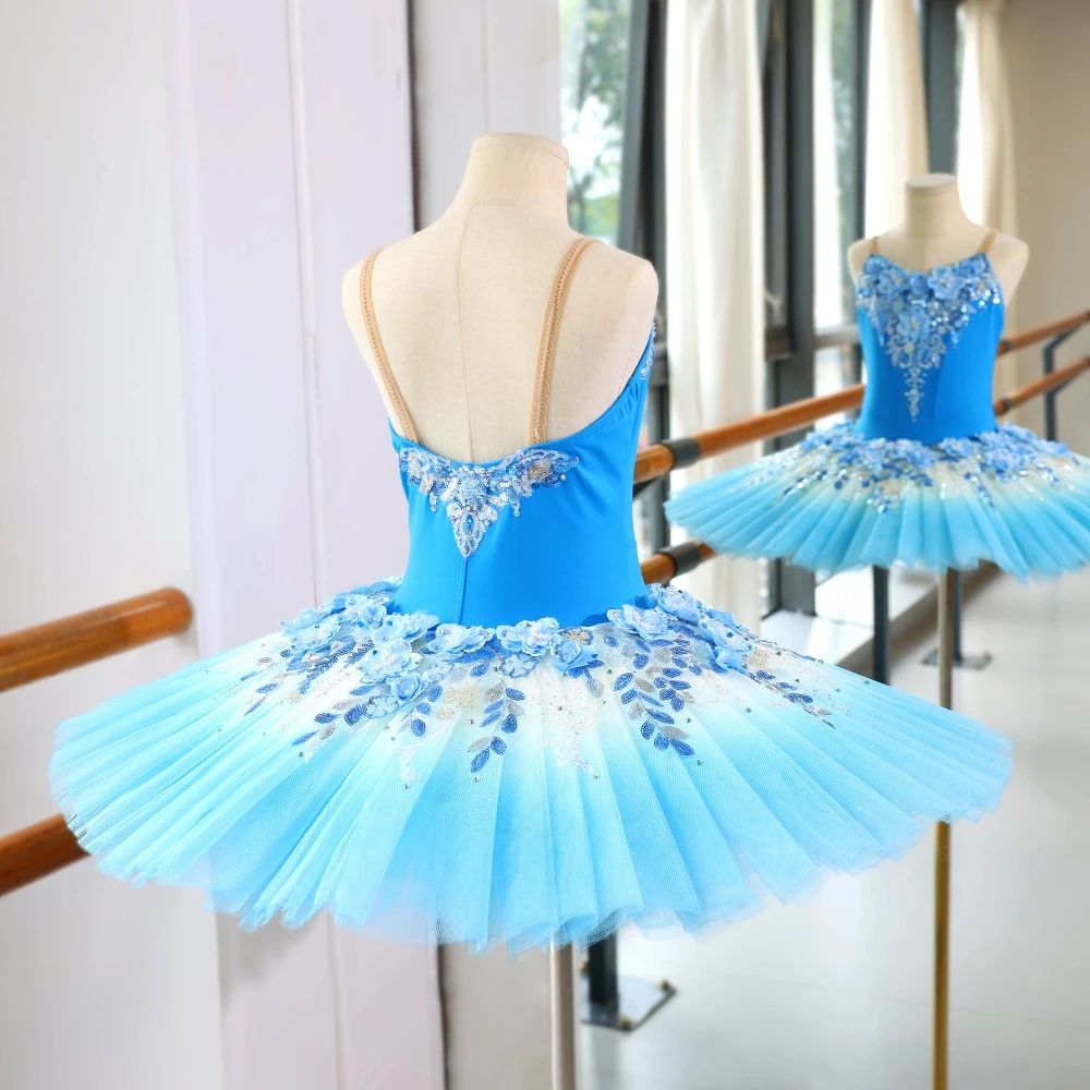 Ballett-Tutu-Kleid mit blauen Blumen und Pailletten, professionelles Ballerina-Kost&uuml;m