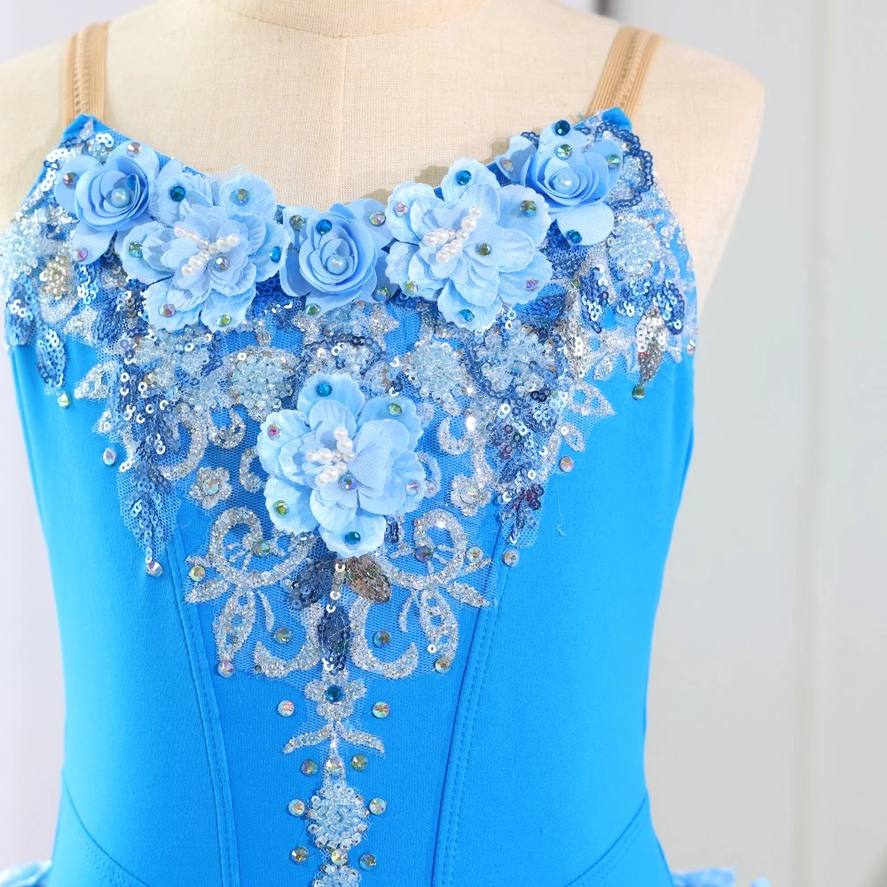 Ballett-Tutu-Kleid mit blauen Blumen und Pailletten, professionelles Ballerina-Kost&uuml;m