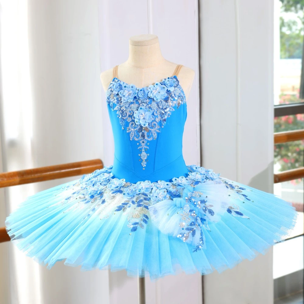 Ballett-Tutu-Kleid mit blauen Blumen und Pailletten, professionelles Ballerina-Kost&uuml;m