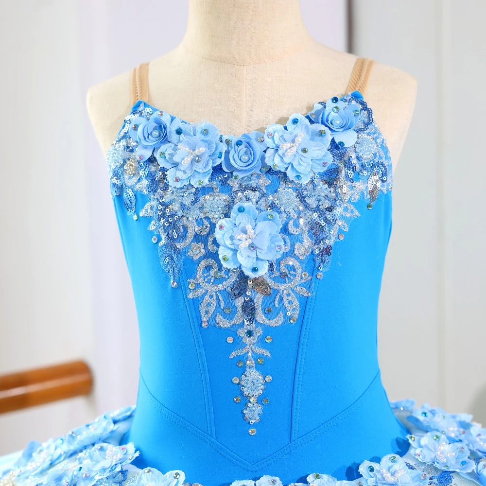 Ballett-Tutu-Kleid mit blauen Blumen und Pailletten, professionelles Ballerina-Kost&uuml;m