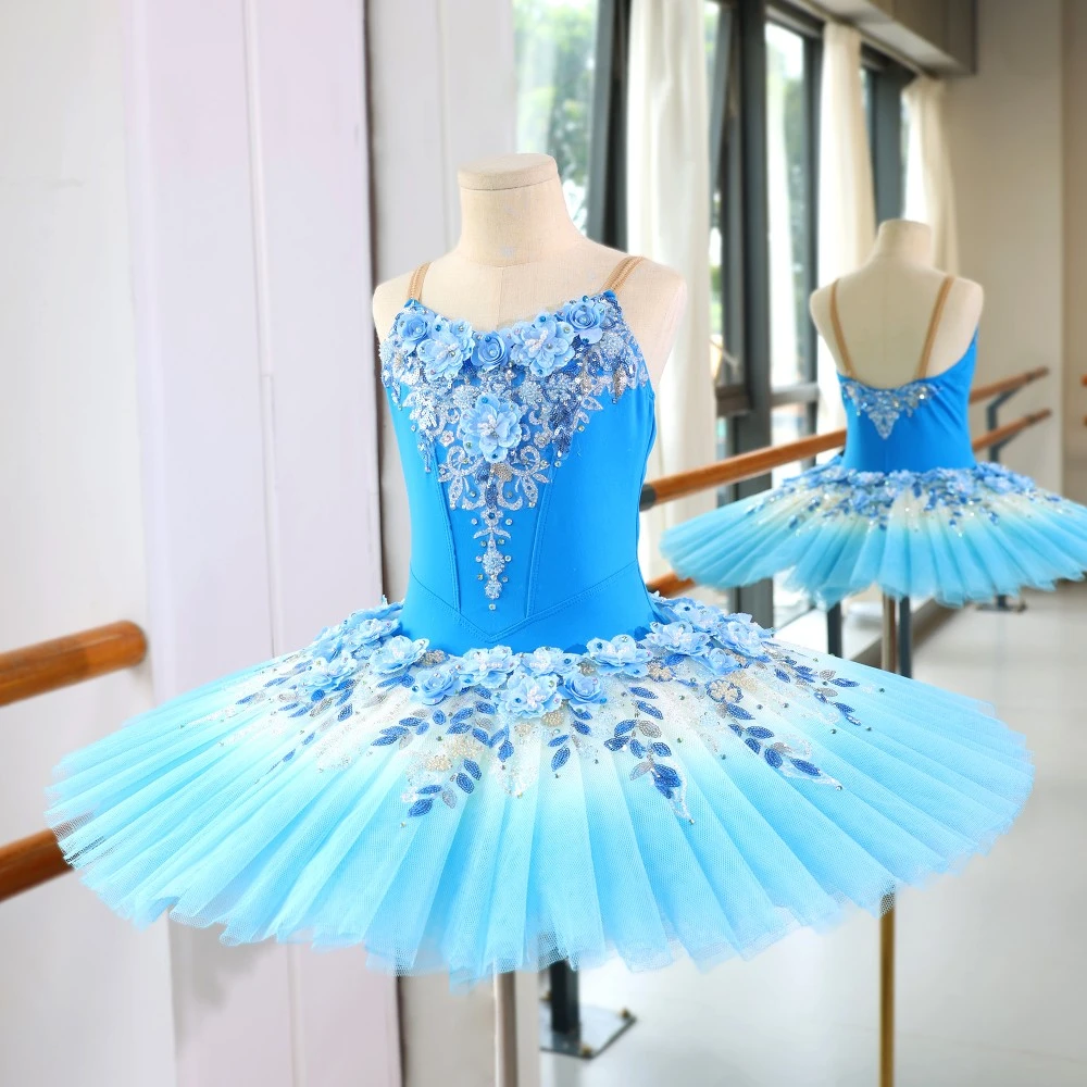 Ballett-Tutu-Kleid mit blauen Blumen und Pailletten, professionelles Ballerina-Kost&uuml;m