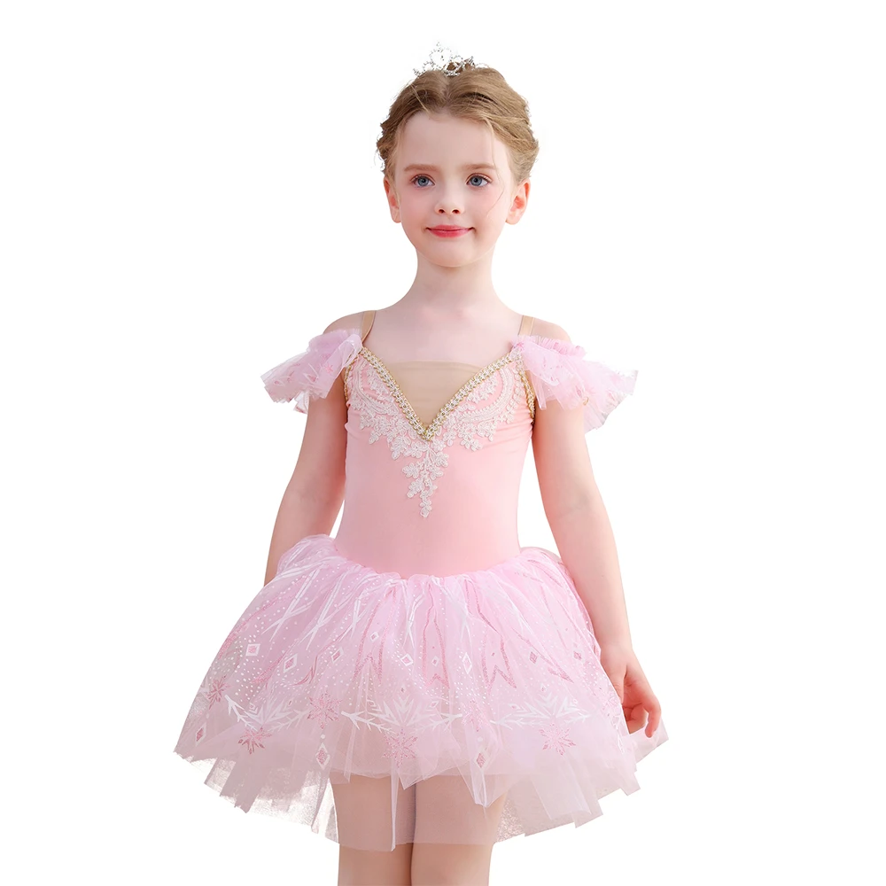 M&auml;dchen-Ballett-Tutu-Kleid mit Schneeflocken-Spitze, Tanzkost&uuml;m mit R&uuml;schen&auml;rmeln-ALP057