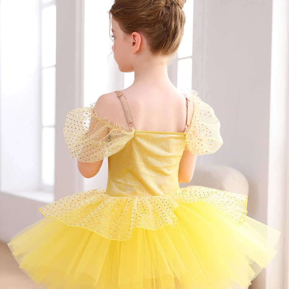 Schulterfreies Ballett-Tutu-Kleid mit goldenen Pailletten f&uuml;r M&auml;dchen, Prinzessinnen-B&uuml;hnenauff&uuml;hrun
