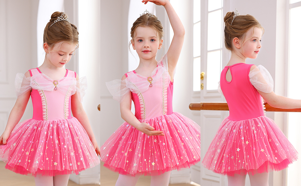 Pinkes Stern-Pailletten-Bogen-Ballett-Tutu-Kleid für Kinder, Prinzessin, Performance-Kostüm-ALP077