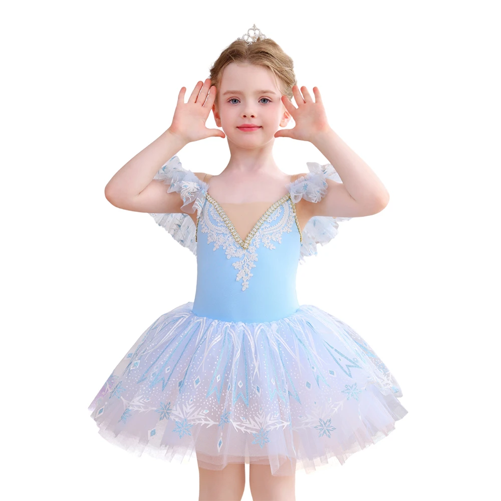M&auml;dchen-Ballett-Tutu-Kleid mit Schneeflocken-Spitze, Tanzkost&uuml;m mit R&uuml;schen&auml;rmeln-ALP057