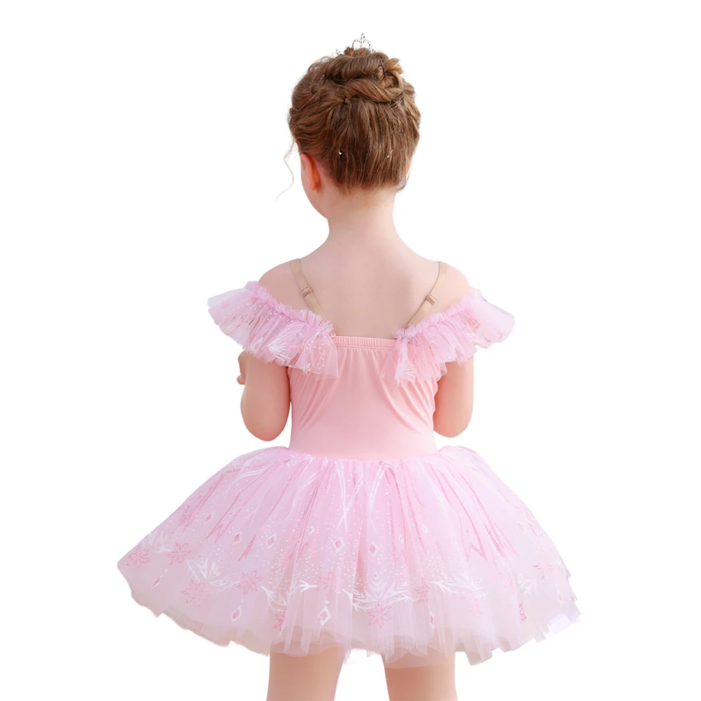 M&auml;dchen-Ballett-Tutu-Kleid mit Schneeflocken-Spitze, Tanzkost&uuml;m mit R&uuml;schen&auml;rmeln-ALP057