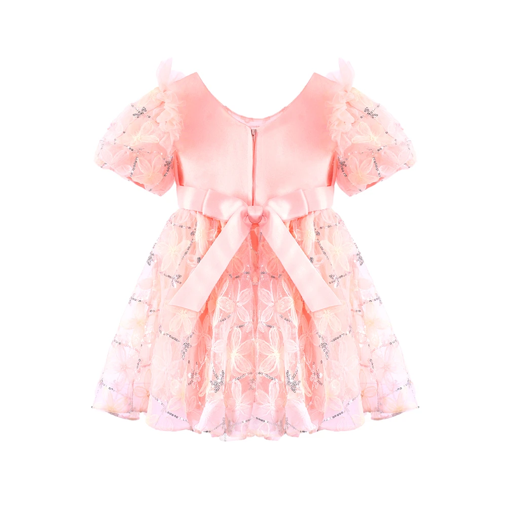 Rosafarbenes Prinzessinnenkleid mit Blumenstickerei und Puff&auml;rmeln f&uuml;r M&auml;dchen-XGZ9007