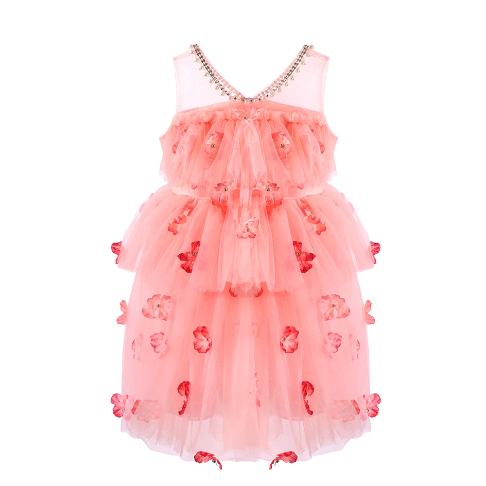 Rosafarbenes T&uuml;ll-Prinzessinnenkleid f&uuml;r M&auml;dchen mit 3D-Blumen-XGZ8001