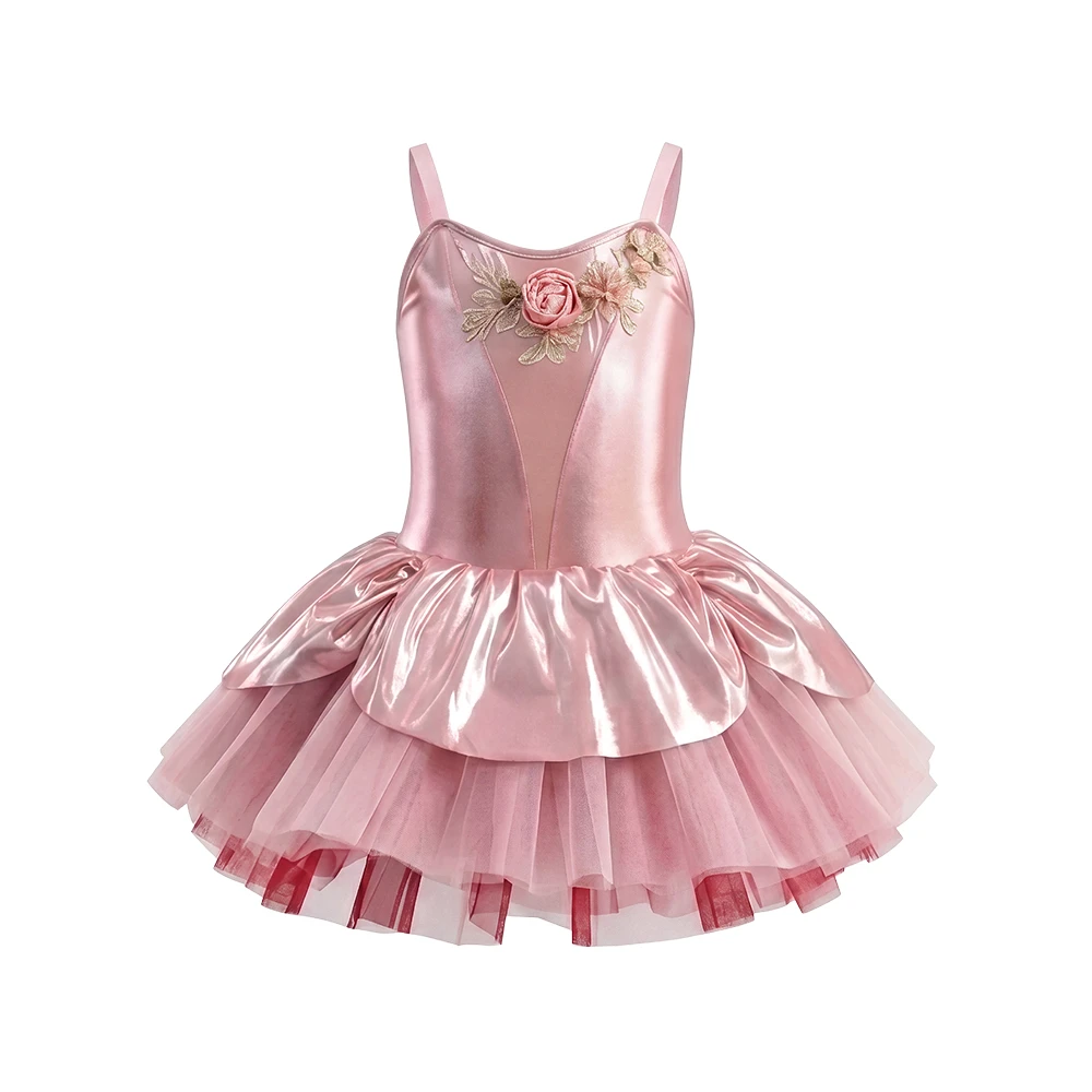 Ballett-Tutu-Kleid f&uuml;r M&auml;dchen mit Metallic-Rosa-Blumen-Spaghettitr&auml;ger und B&uuml;hnenkost&uuml;m f&uuml;r Kinder-