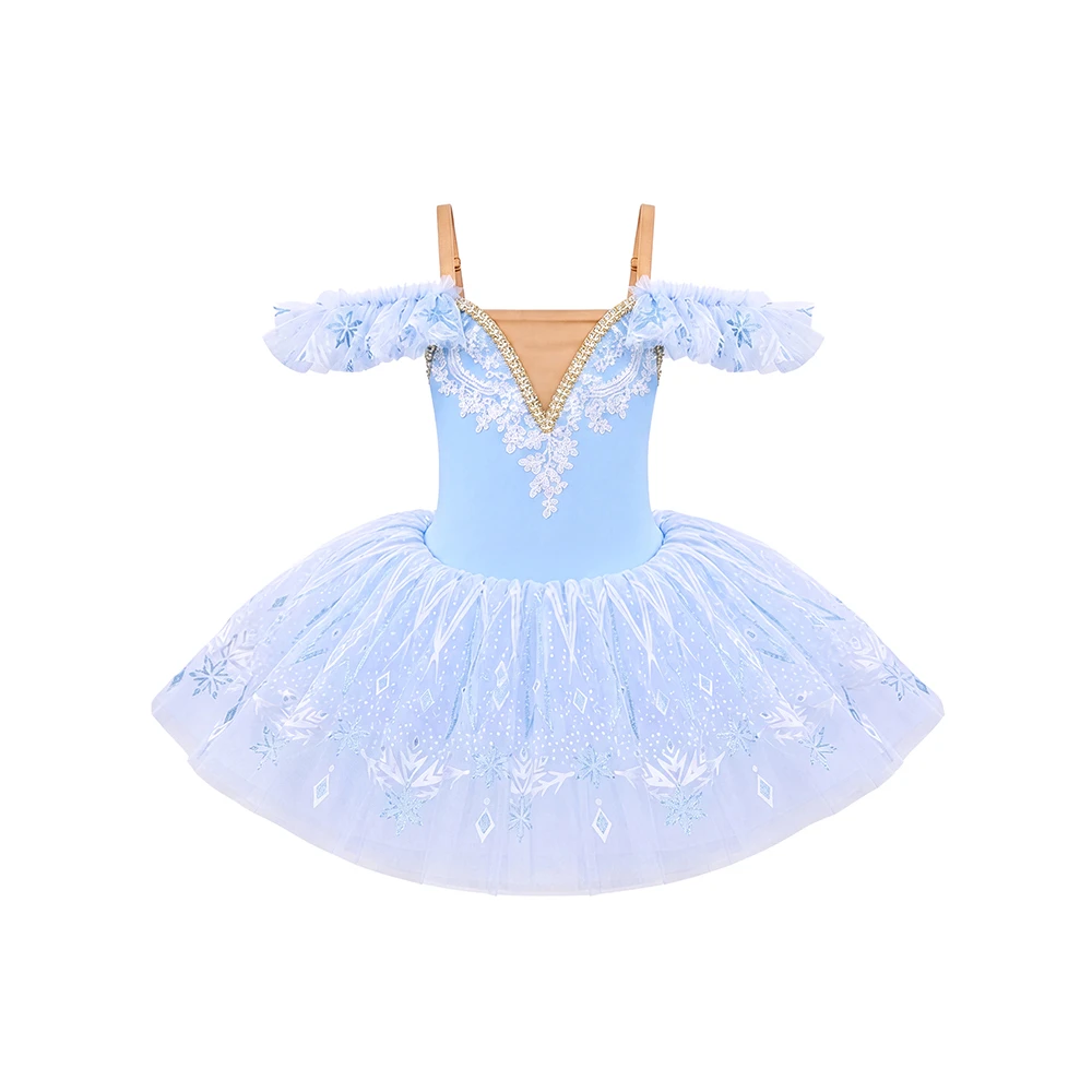 M&auml;dchen-Ballett-Tutu-Kleid mit Schneeflocken-Spitze, Tanzkost&uuml;m mit R&uuml;schen&auml;rmeln-ALP057