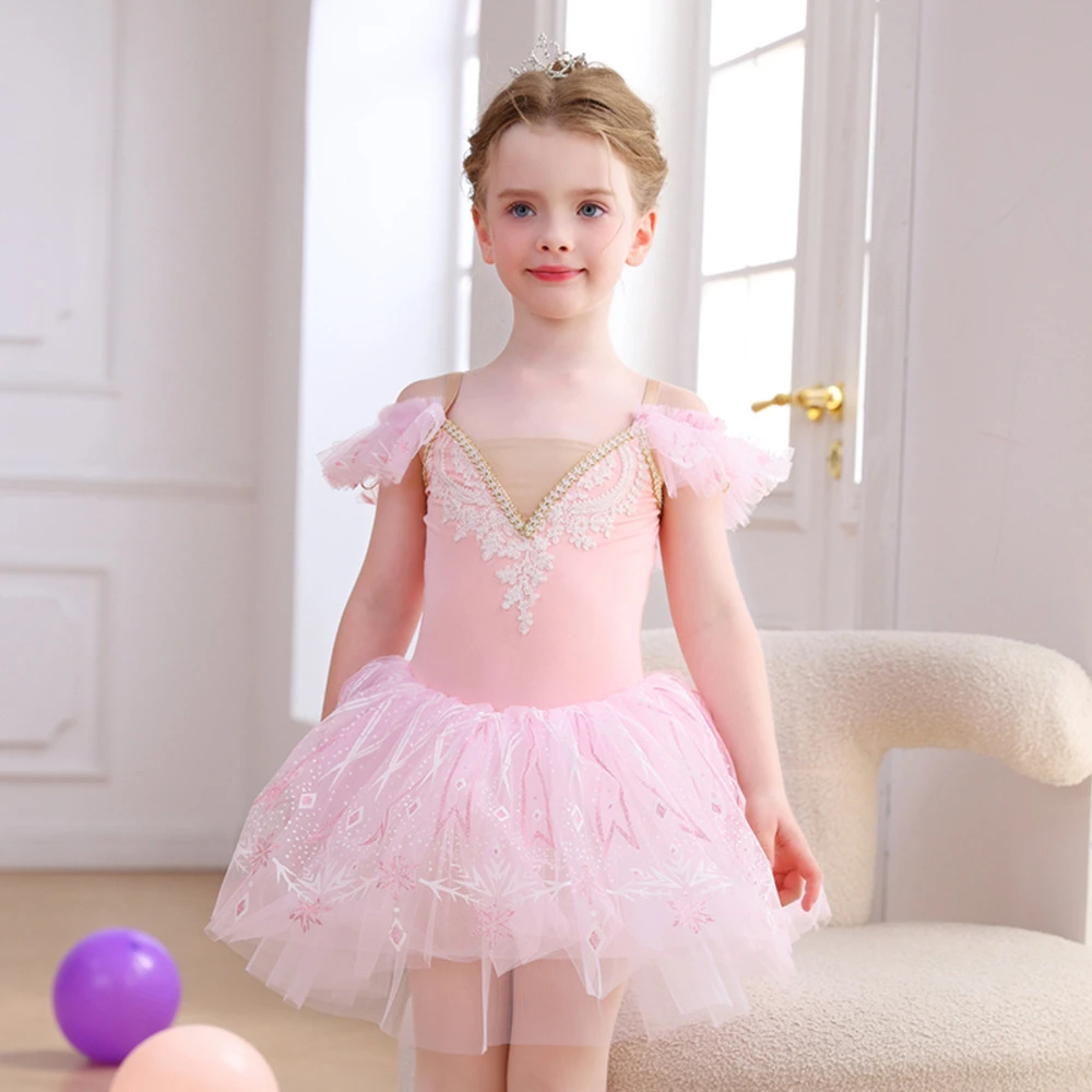 M&auml;dchen-Ballett-Tutu-Kleid mit Schneeflocken-Spitze, Tanzkost&uuml;m mit R&uuml;schen&auml;rmeln-ALP057