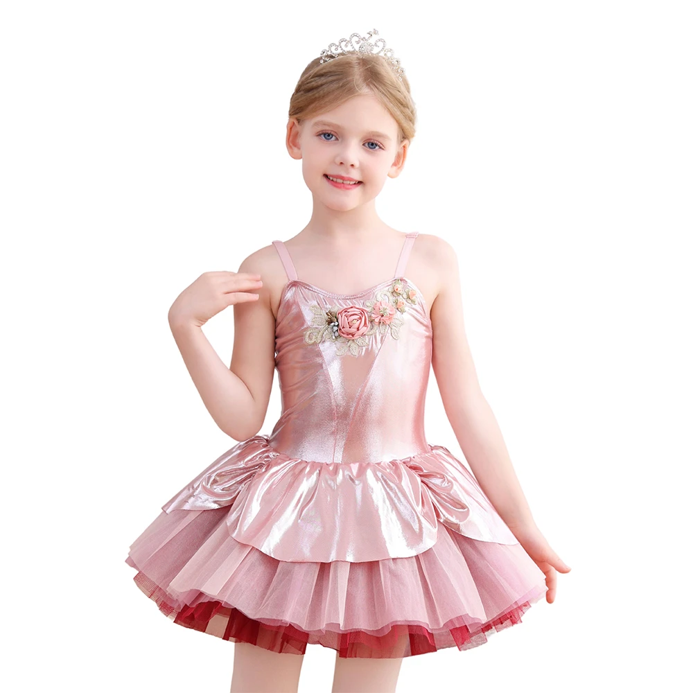 Ballett-Tutu-Kleid f&uuml;r M&auml;dchen mit Metallic-Rosa-Blumen-Spaghettitr&auml;ger und B&uuml;hnenkost&uuml;m f&uuml;r Kinder-