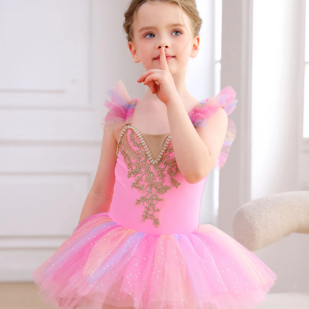 Rosa Spitzen-Balletttrikot f&uuml;r M&auml;dchen, Prinzessinnen-Tutu-Kleid-ALP023