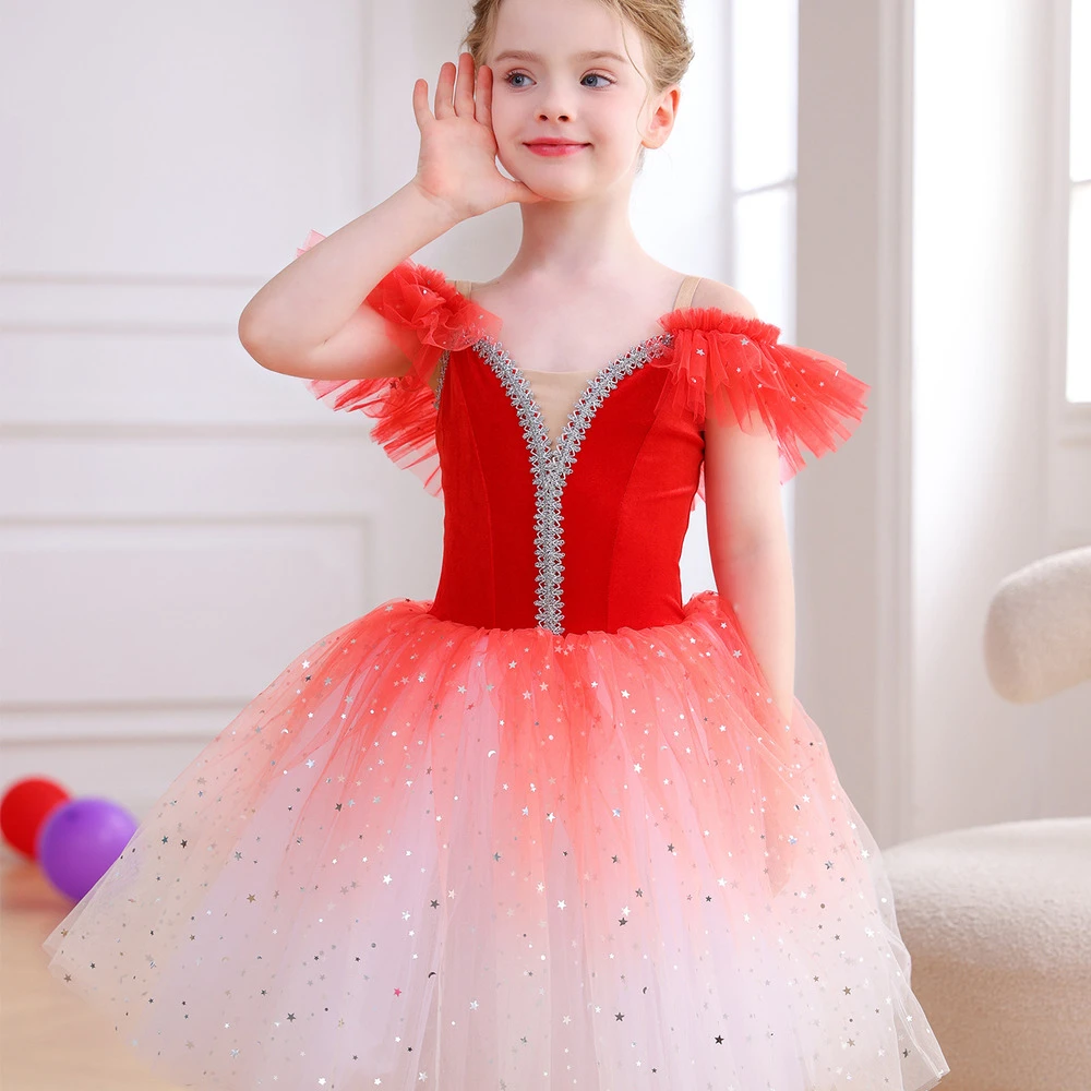 Glitzerndes Ombre-Rotes M&auml;dchen-Ballett-Tutu-Kleid aus Samt, Tanzparty-Performance-Kost&uuml;m-ALP070