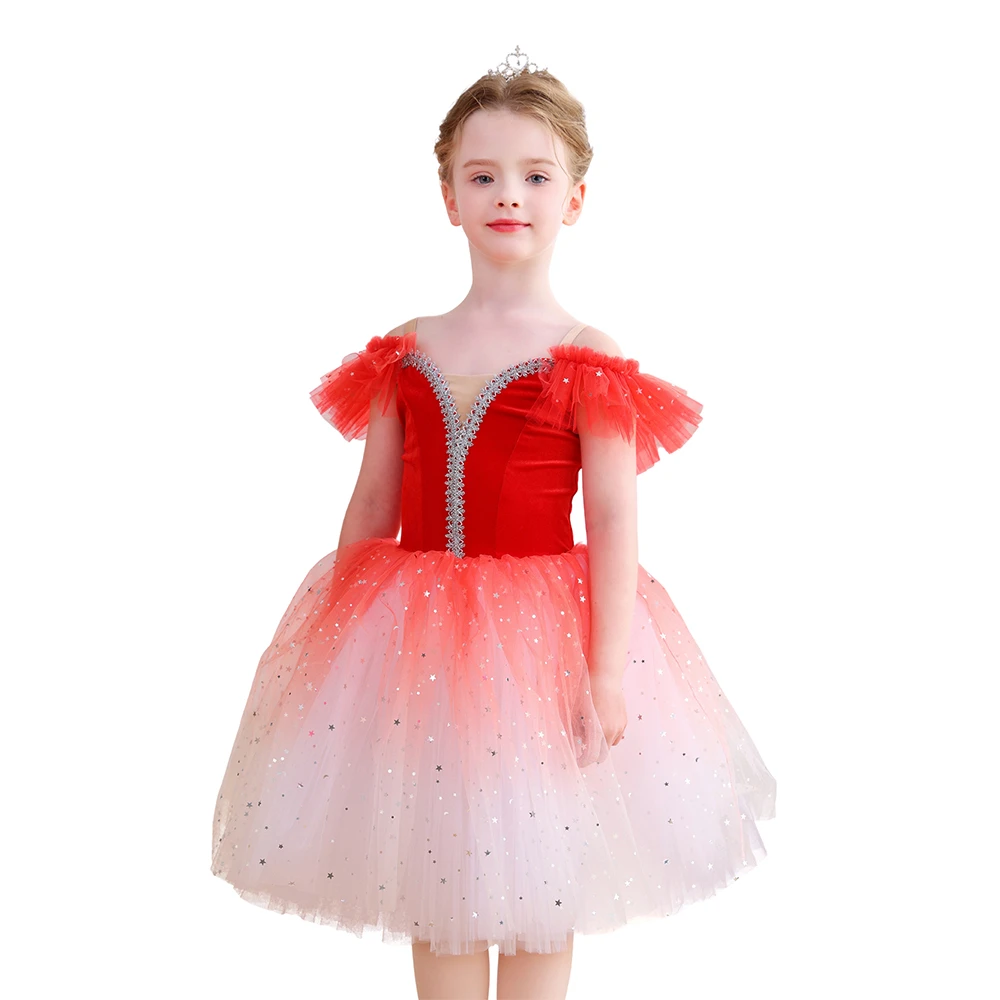 Glitzerndes Ombre-Rotes M&auml;dchen-Ballett-Tutu-Kleid aus Samt, Tanzparty-Performance-Kost&uuml;m-ALP070