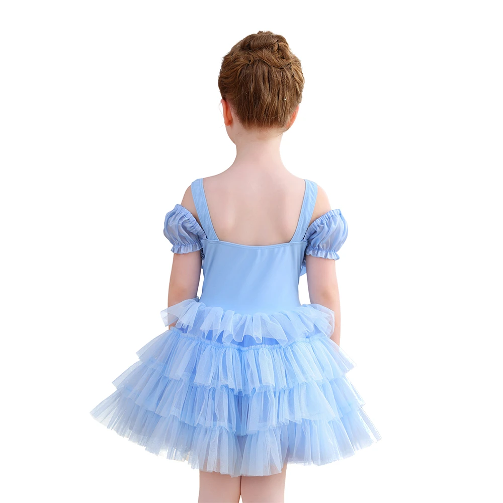 Hellblaues, schulterfreies Ballett-Tutu-Kleid f&uuml;r M&auml;dchen mit Paillettenschleife und Prinzessinnenpa