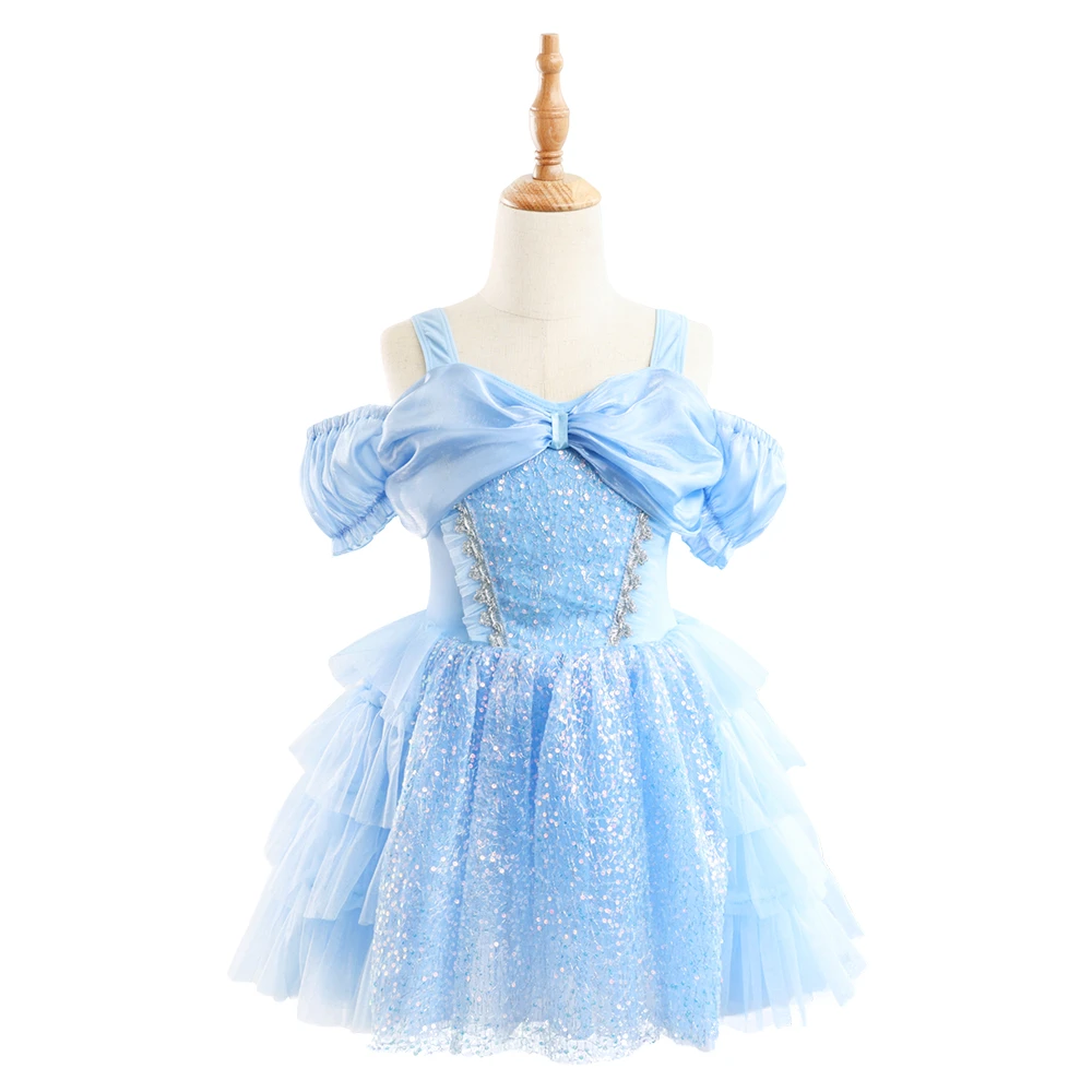 Hellblaues, schulterfreies Ballett-Tutu-Kleid f&uuml;r M&auml;dchen mit Paillettenschleife und Prinzessinnenpa