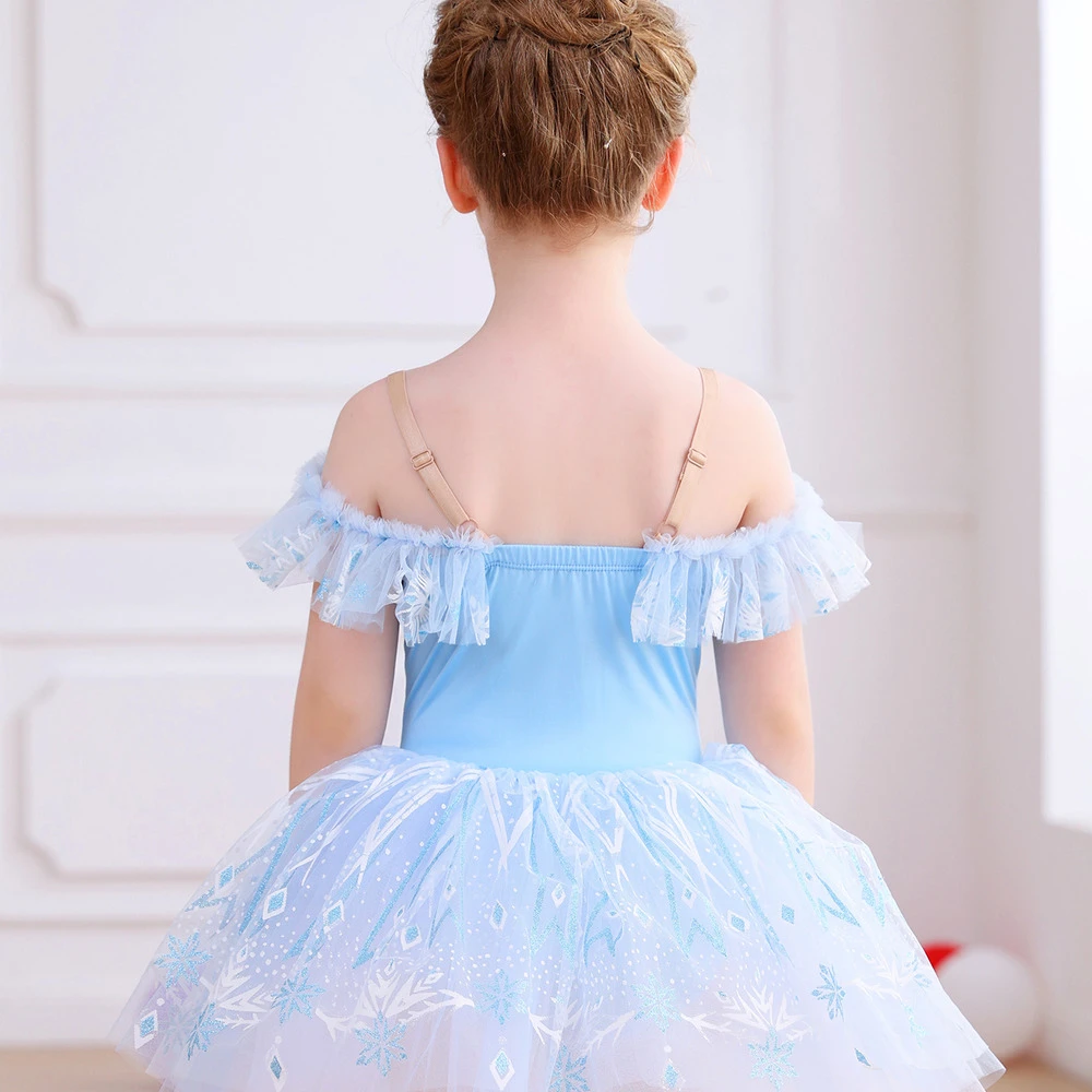 M&auml;dchen-Ballett-Tutu-Kleid mit Schneeflocken-Spitze, Tanzkost&uuml;m mit R&uuml;schen&auml;rmeln-ALP057
