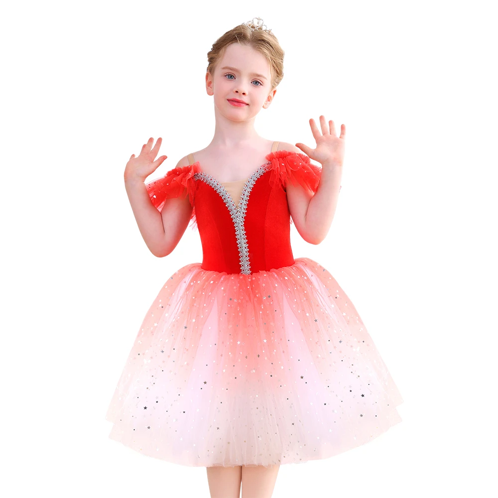 Glitzerndes Ombre-Rotes M&auml;dchen-Ballett-Tutu-Kleid aus Samt, Tanzparty-Performance-Kost&uuml;m-ALP070