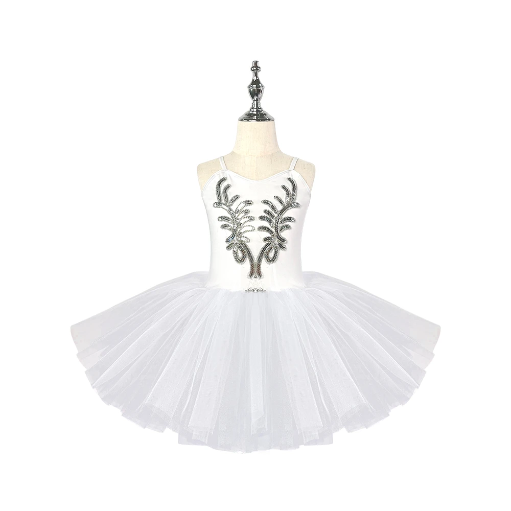 Wei&szlig;es Schwanen-Ballett-Tutu-Kleid f&uuml;r M&auml;dchen, &auml;rmelloses Trikot mit silberner Paillettenstickerei-