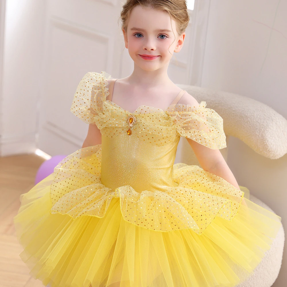 Schulterfreies Ballett-Tutu-Kleid mit goldenen Pailletten f&uuml;r M&auml;dchen, Prinzessinnen-B&uuml;hnenauff&uuml;hrun