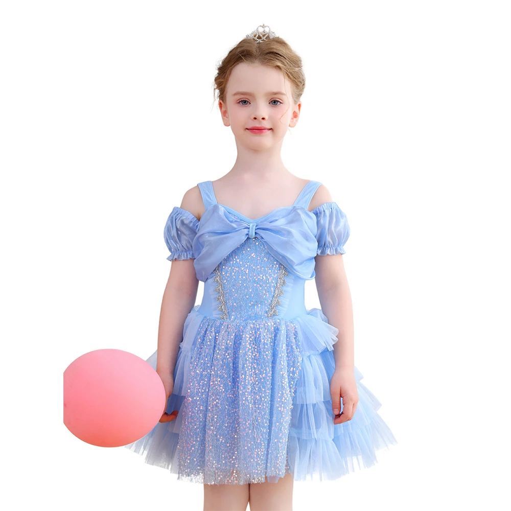 Hellblaues, schulterfreies Ballett-Tutu-Kleid f&uuml;r M&auml;dchen mit Paillettenschleife und Prinzessinnenpa