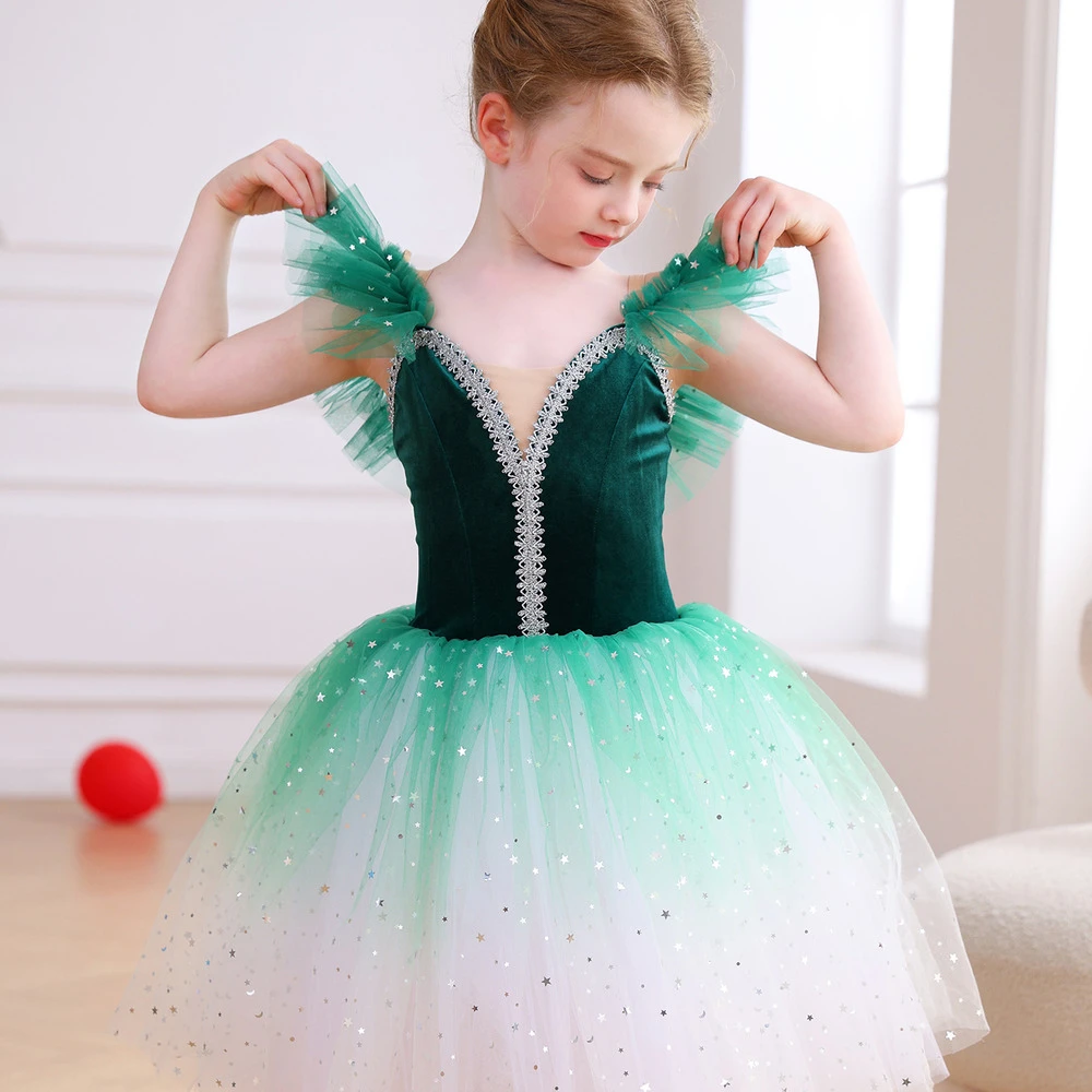Glitzerndes Ombre-Rotes M&auml;dchen-Ballett-Tutu-Kleid aus Samt, Tanzparty-Performance-Kost&uuml;m-ALP070