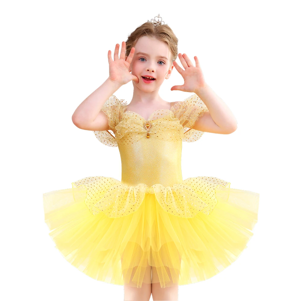 Schulterfreies Ballett-Tutu-Kleid mit goldenen Pailletten f&uuml;r M&auml;dchen, Prinzessinnen-B&uuml;hnenauff&uuml;hrun