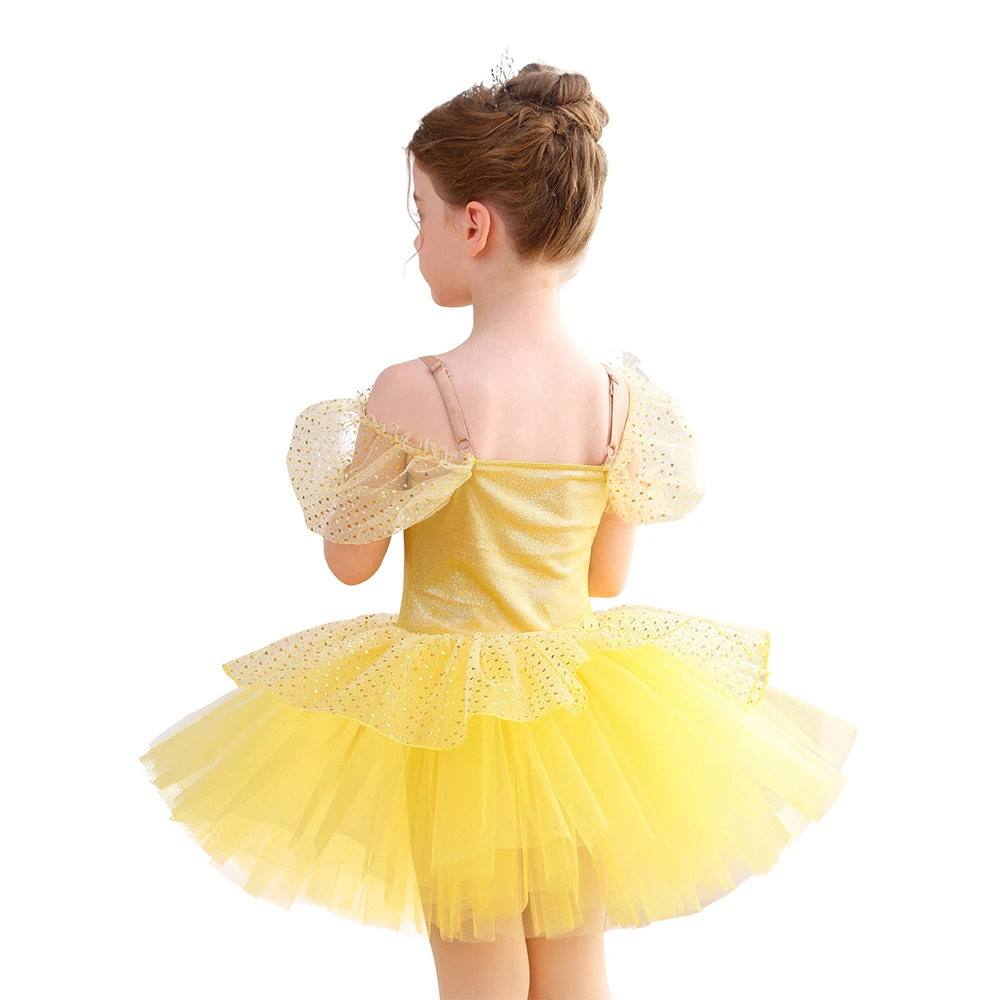 Schulterfreies Ballett-Tutu-Kleid mit goldenen Pailletten f&uuml;r M&auml;dchen, Prinzessinnen-B&uuml;hnenauff&uuml;hrun