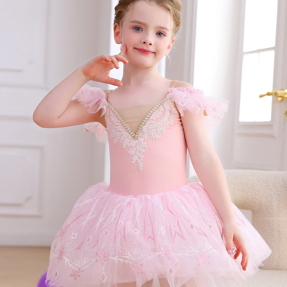 M&auml;dchen-Ballett-Tutu-Kleid mit Schneeflocken-Spitze, Tanzkost&uuml;m mit R&uuml;schen&auml;rmeln-ALP057