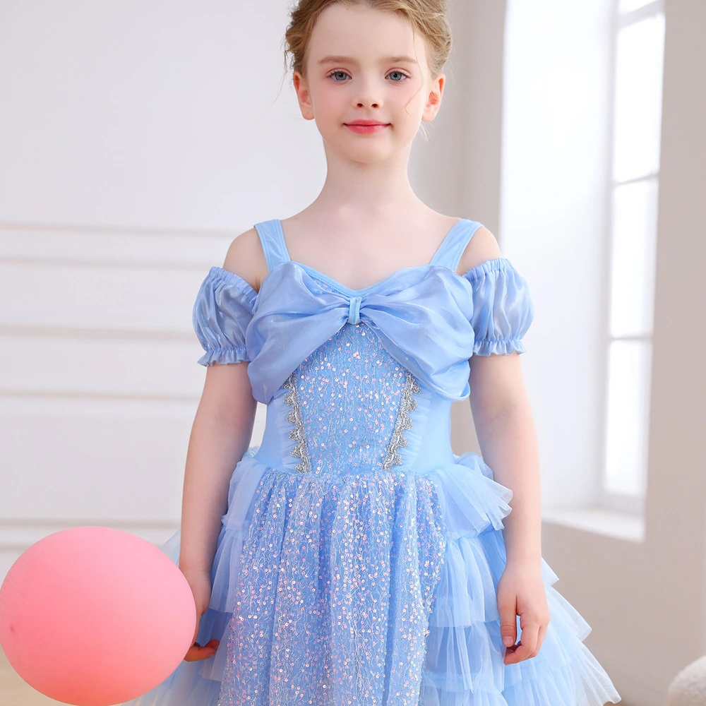 Hellblaues, schulterfreies Ballett-Tutu-Kleid f&uuml;r M&auml;dchen mit Paillettenschleife und Prinzessinnenpa