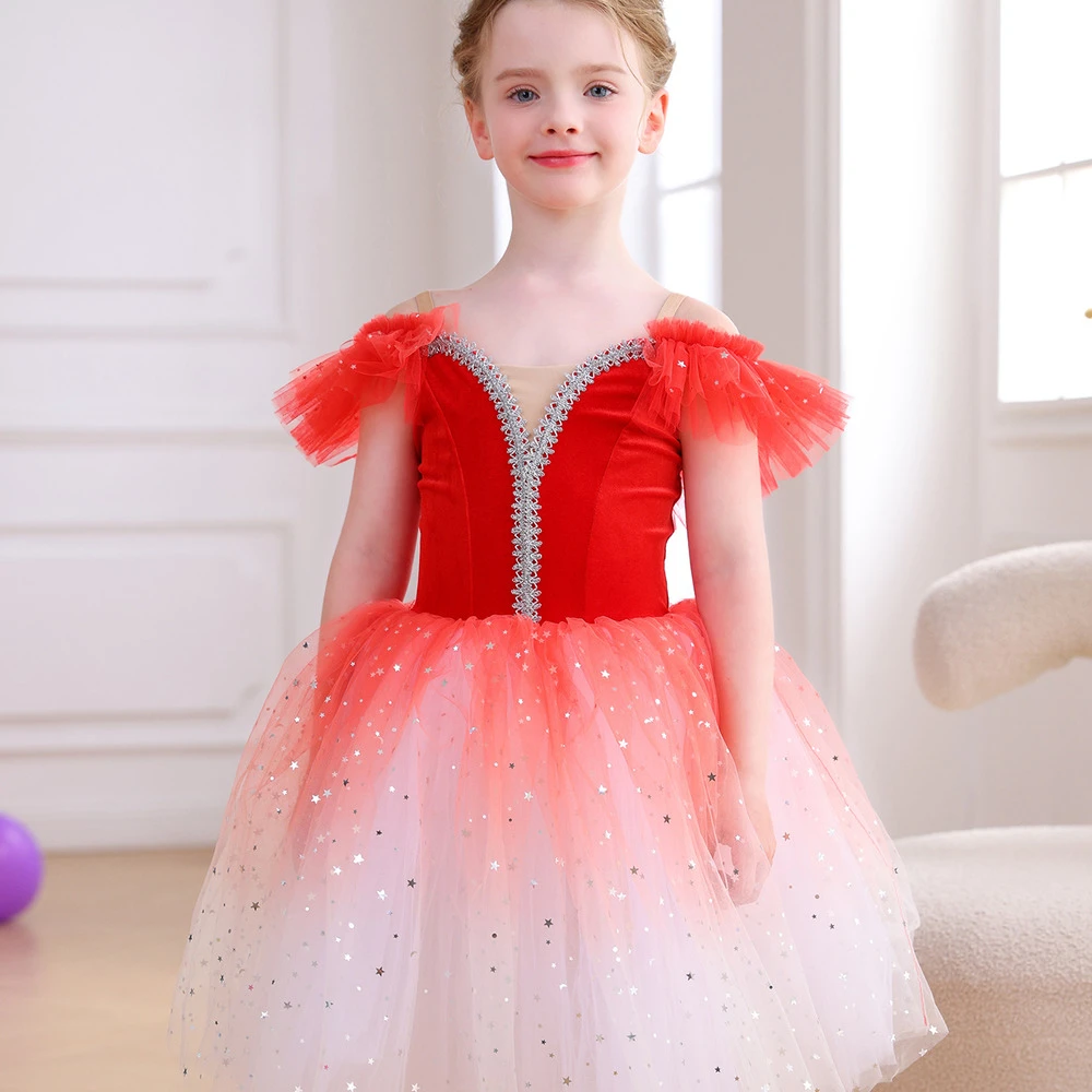 Glitzerndes Ombre-Rotes M&auml;dchen-Ballett-Tutu-Kleid aus Samt, Tanzparty-Performance-Kost&uuml;m-ALP070