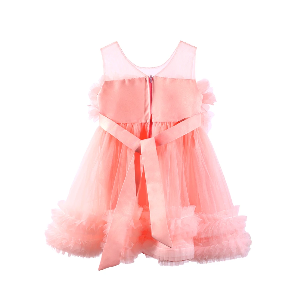 Korallenfarbenes 3D-Blumen-T&uuml;ll-Prinzessinnenkleid f&uuml;r M&auml;dchen Kleid-XGZ8015