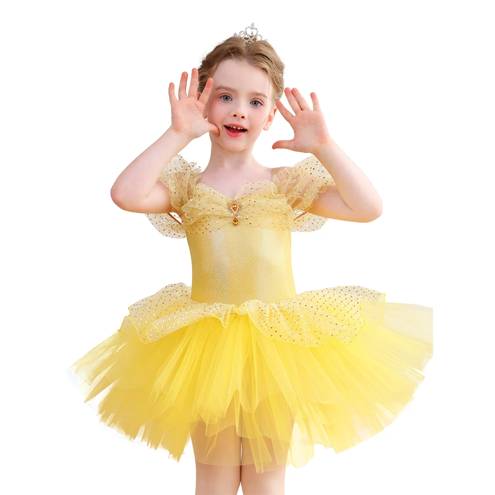 Schulterfreies Ballett-Tutu-Kleid mit goldenen Pailletten f&uuml;r M&auml;dchen, Prinzessinnen-B&uuml;hnenauff&uuml;hrun