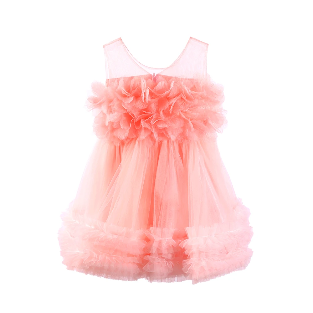 Korallenfarbenes 3D-Blumen-T&uuml;ll-Prinzessinnenkleid f&uuml;r M&auml;dchen Kleid-XGZ8015