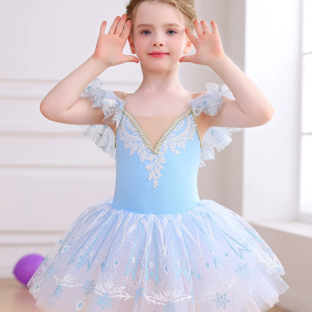 M&auml;dchen-Ballett-Tutu-Kleid mit Schneeflocken-Spitze, Tanzkost&uuml;m mit R&uuml;schen&auml;rmeln-ALP057