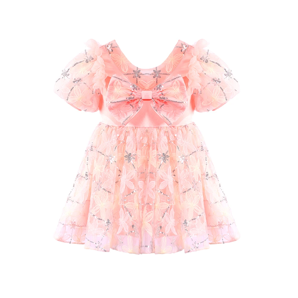 Rosafarbenes Prinzessinnenkleid mit Blumenstickerei und Puff&auml;rmeln f&uuml;r M&auml;dchen-XGZ9007