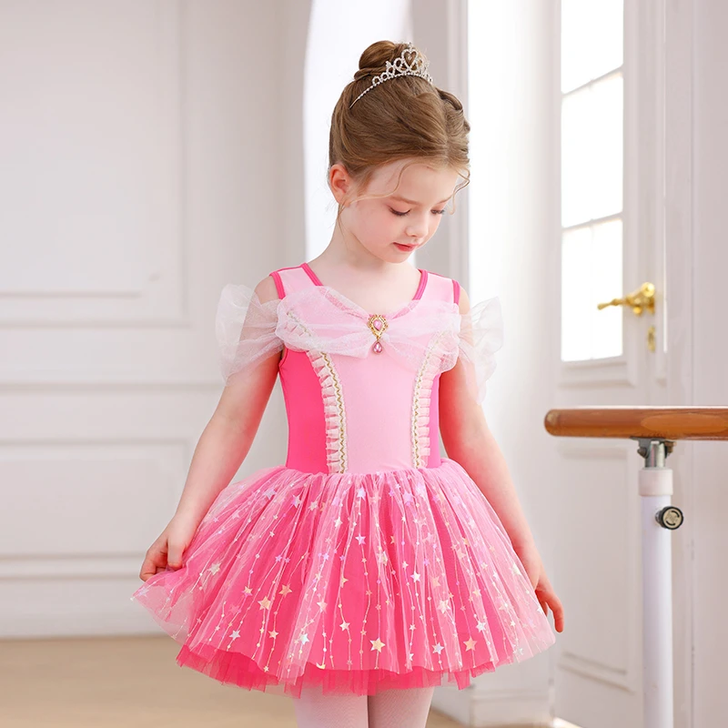 Ballett-Tutu-Kleid f&uuml;r M&auml;dchen in Pink mit Stern und Pailletten-Schleife f&uuml;r Kinder und Prinzessin K