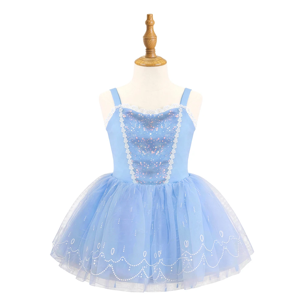 Prinzessinenkleid f&uuml;r M&auml;dchen, rosa und blau, Tutu mit glitzerndem Spitzenbesatz, &auml;rmellos Kost&uuml;m-AL
