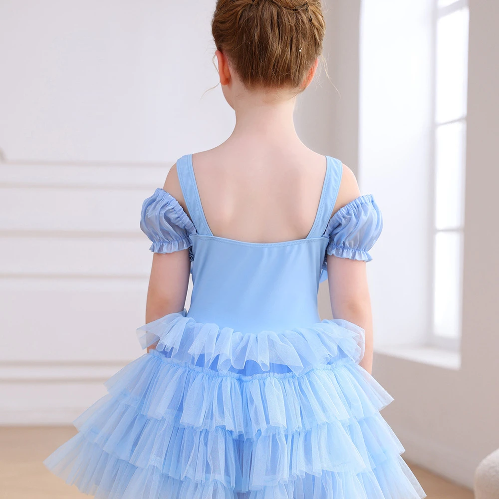 Hellblaues, schulterfreies Ballett-Tutu-Kleid f&uuml;r M&auml;dchen mit Paillettenschleife und Prinzessinnenpa