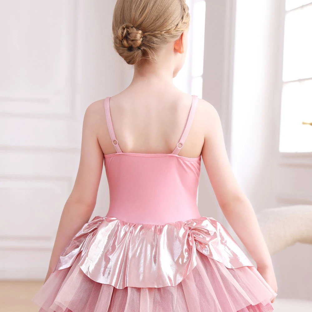 Ballett-Tutu-Kleid f&uuml;r M&auml;dchen mit Metallic-Rosa-Blumen-Spaghettitr&auml;ger und B&uuml;hnenkost&uuml;m f&uuml;r Kinder-