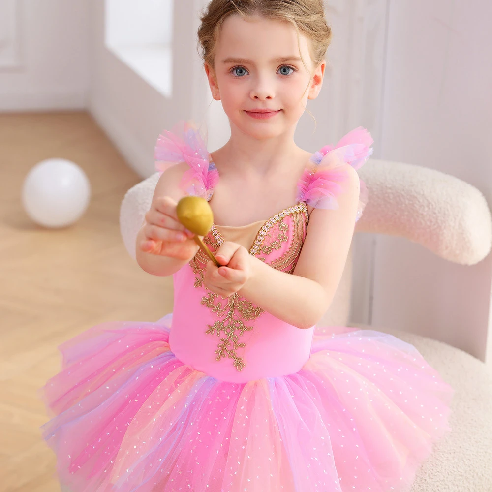 Rosa Spitzen-Balletttrikot f&uuml;r M&auml;dchen, Prinzessinnen-Tutu-Kleid-ALP023