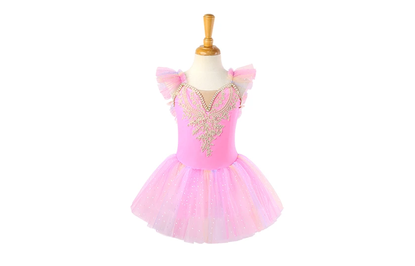 Rosa Spitzen-Balletttrikot f&uuml;r M&auml;dchen, Prinzessinnen-Tutu-Kleid-ALP023