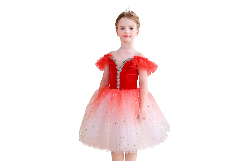 Glitzerndes Ombre-Rotes M&auml;dchen-Ballett-Tutu-Kleid aus Samt, Tanzparty-Performance-Kost&uuml;m-ALP070