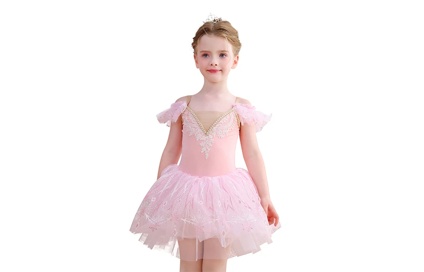 M&auml;dchen-Ballett-Tutu-Kleid mit Schneeflocken-Spitze, Tanzkost&uuml;m mit R&uuml;schen&auml;rmeln-ALP057